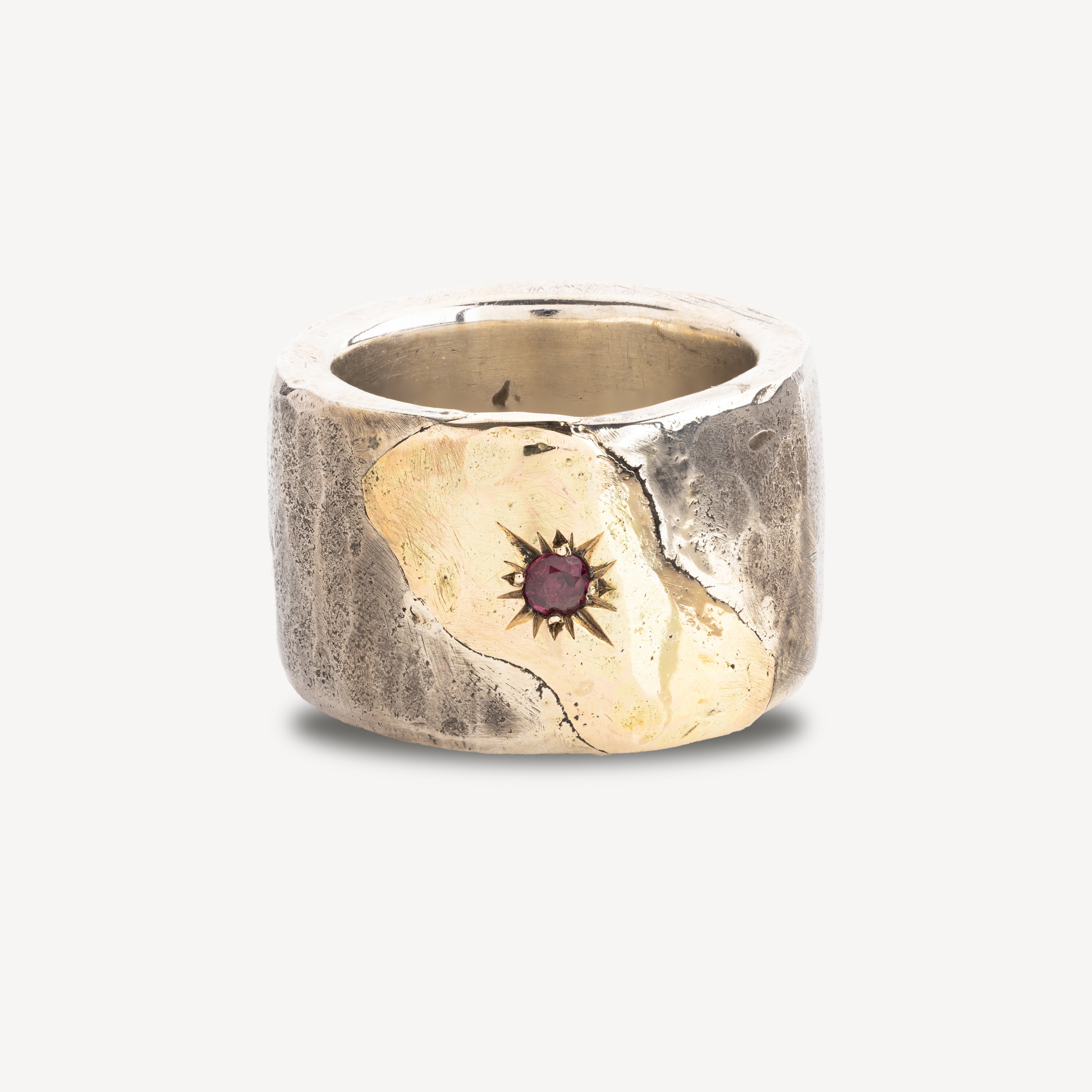 15mm Hammered Ring with Gold and Ruby