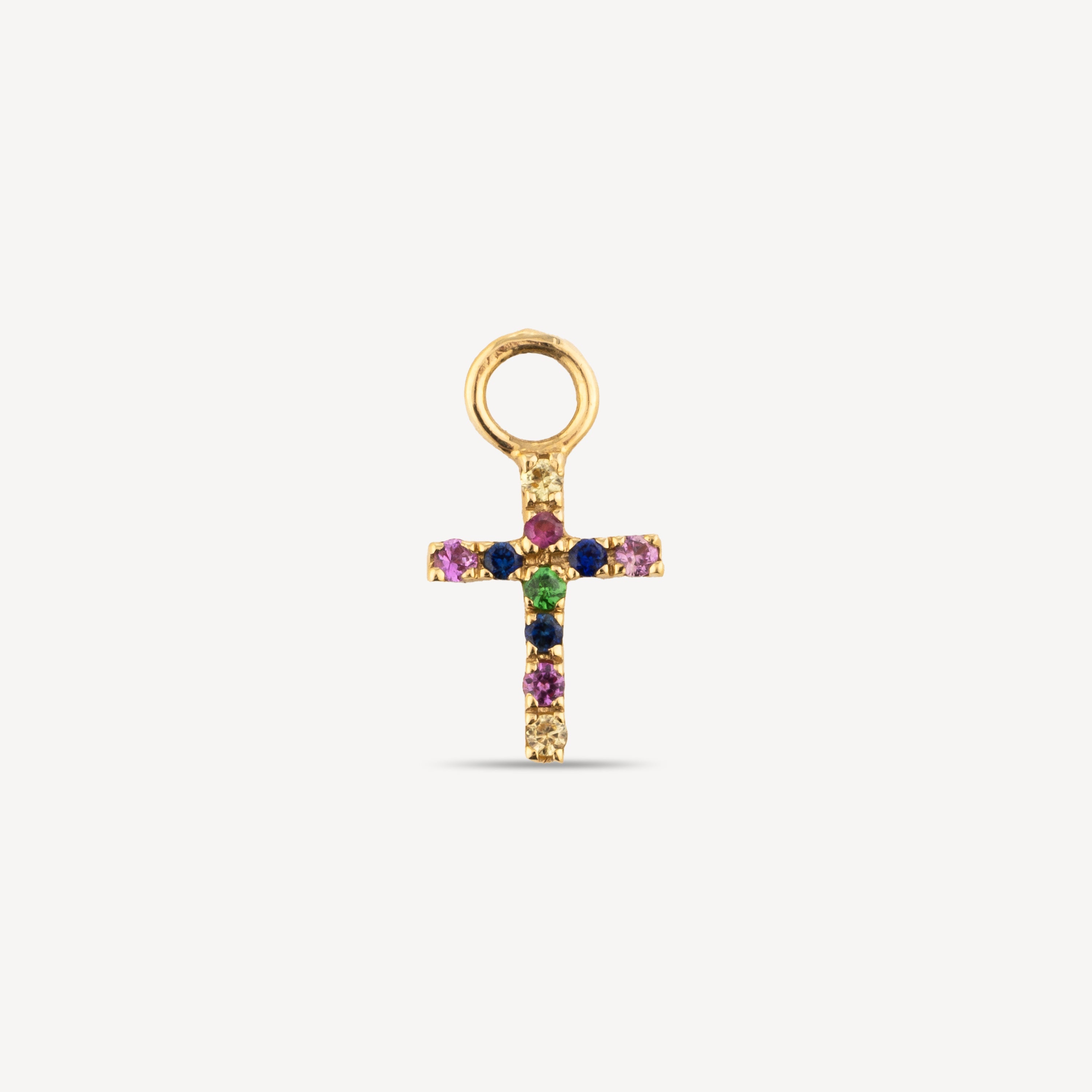 Yellow gold charm with multicolored sapphire cross