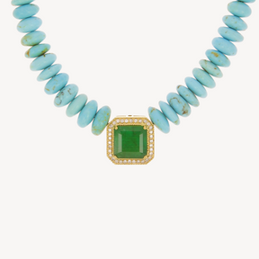 Graduated turquoise with brown specks and large pave emerald square/baguette necklace