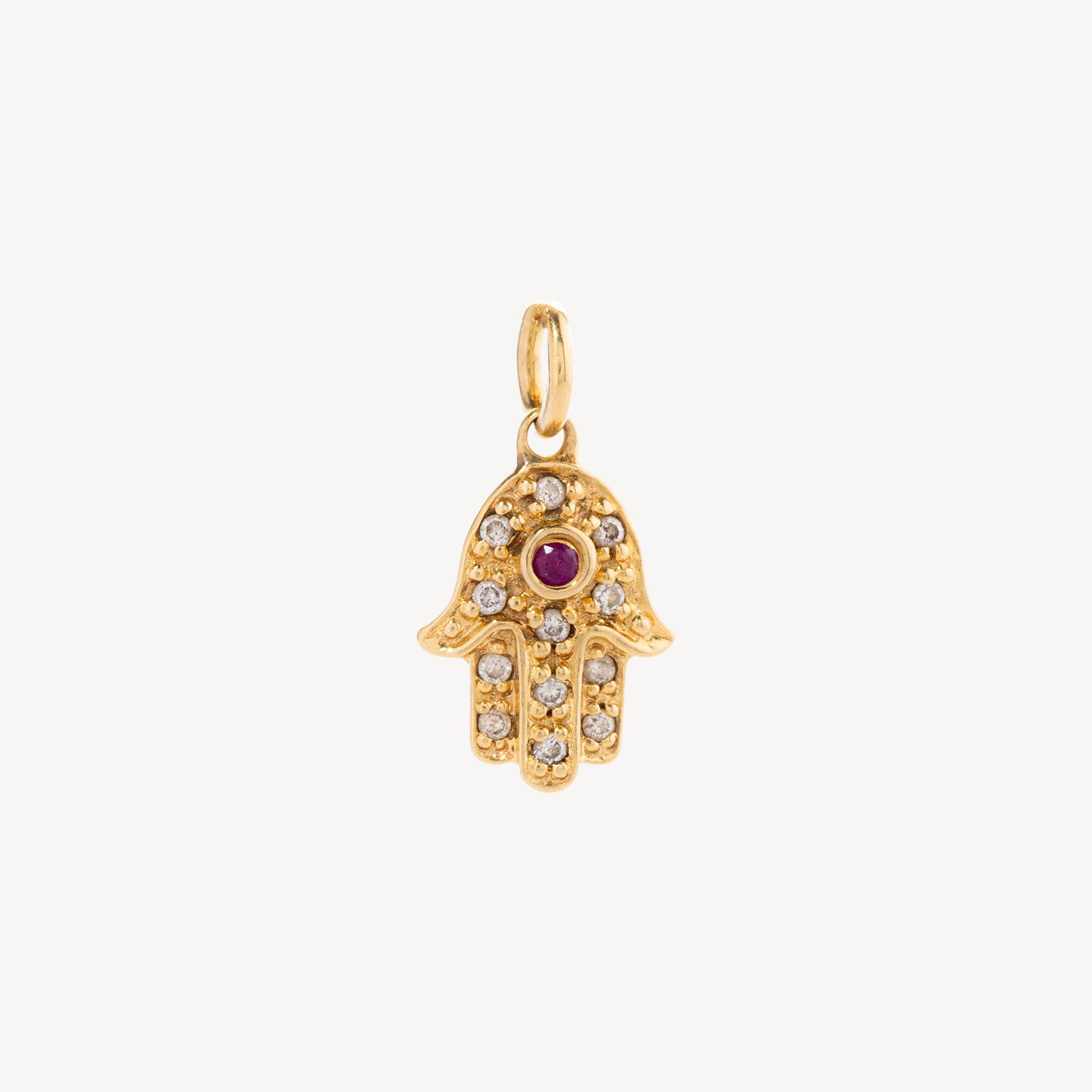 Yellow Gold Paved Diamond and Ruby Hand Pendant