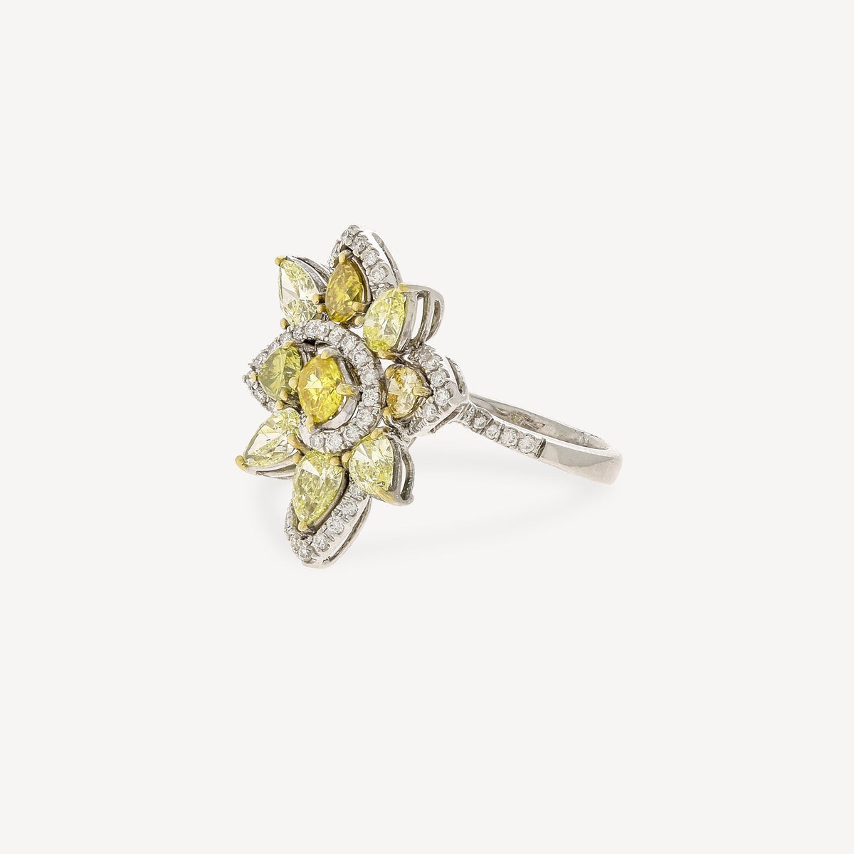 Yellow and White Diamond Flower Ring