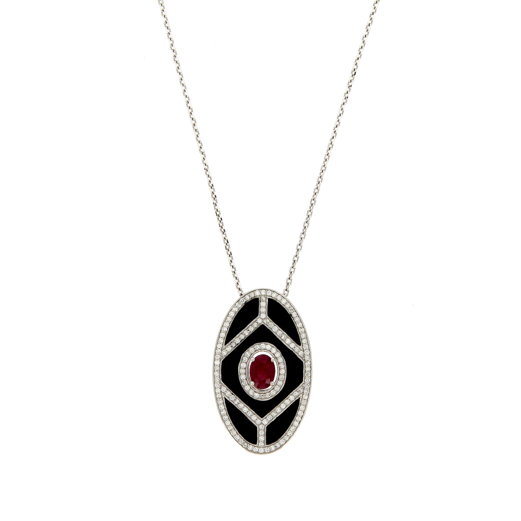 Fizzy SHield Black Necklace with Diamonds and Ruby